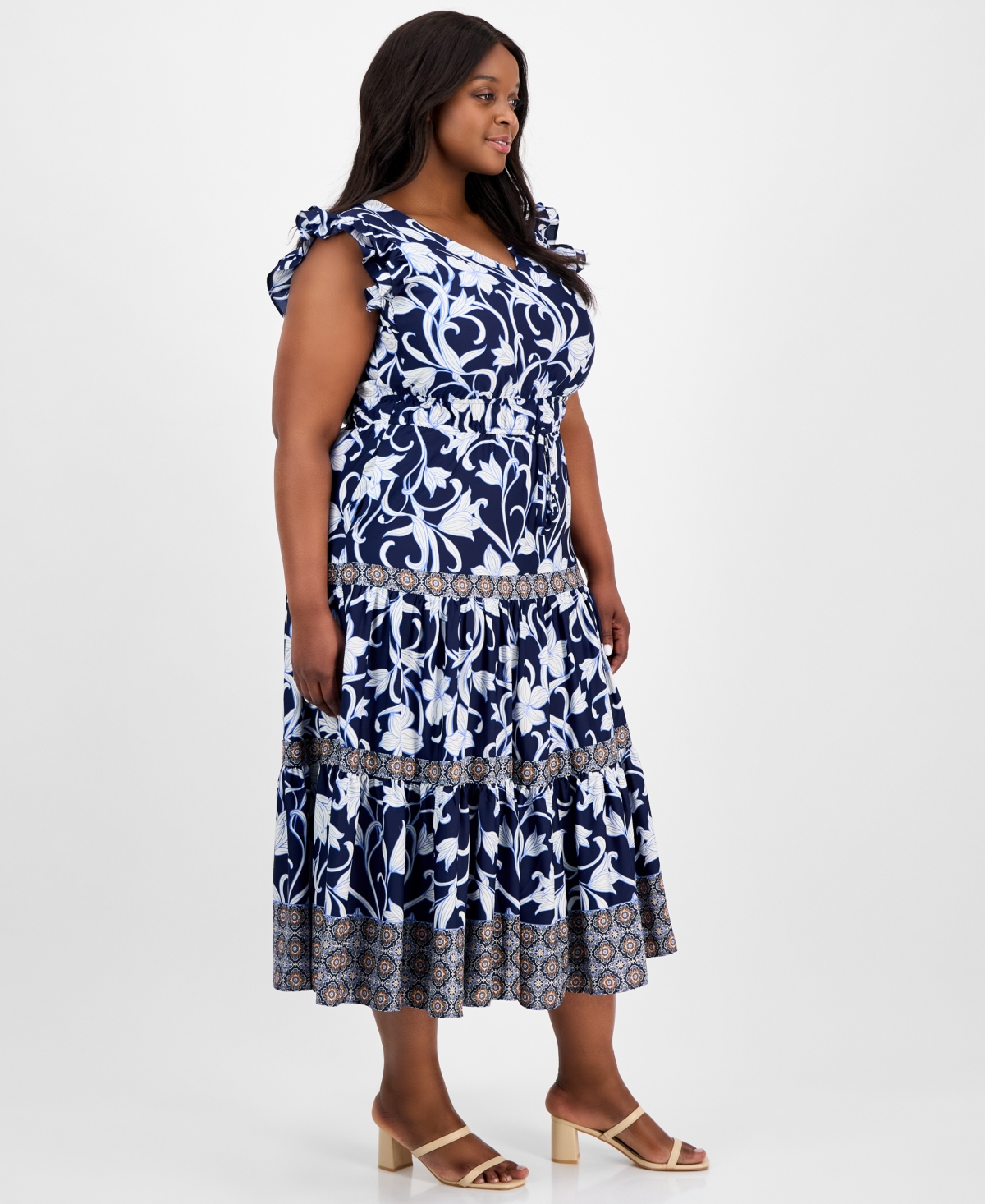 Anne Klein Floral Print Ruffle Tie Waist Maxi Dress In Distant Mountain Multi