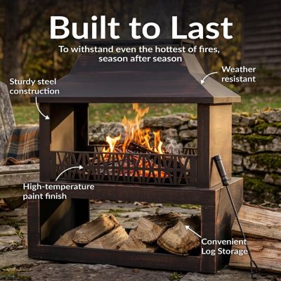 Backyard Blaze Heavy-Duty Steel Outdoor Fireplace - Built-In Log Storage and Protective Cover - 35-Inch H - Brushed Bronze