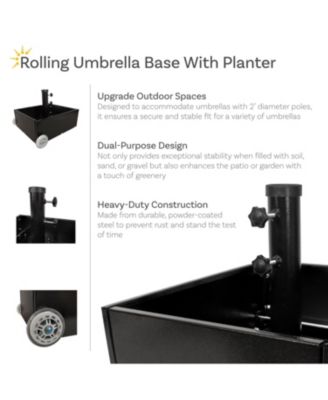 Rolling Outdoor Umbrella Base with Fillable Planter for Umbrellas with 2" Diameter Poles