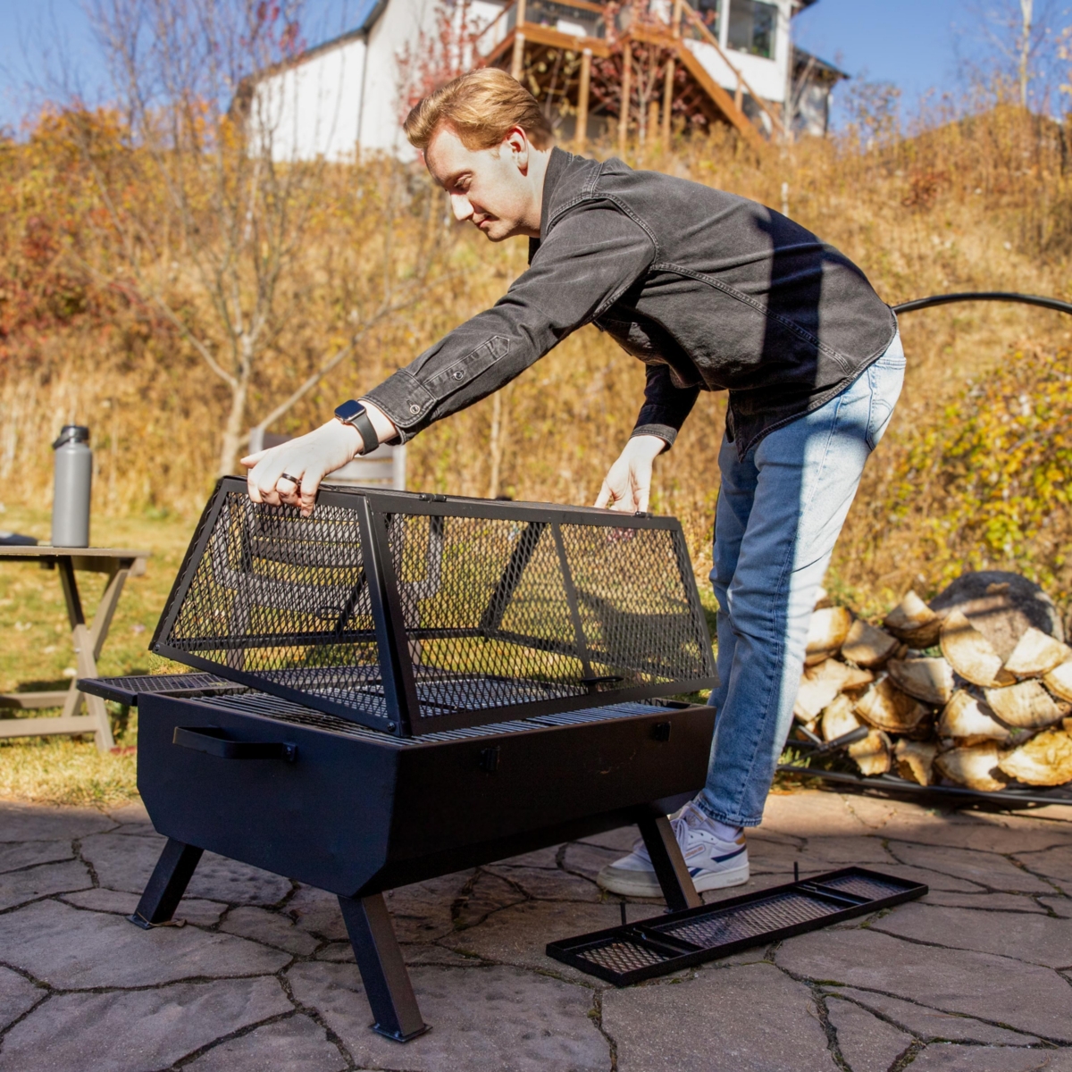 Steel Grilling Fire Pit with Mesh Spark Screen and Protective Pvc Cover - Black - 36." W x 32.5" D x 23.75" H