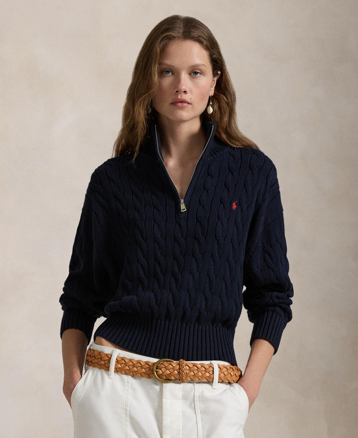 Polo Ralph Lauren Women's Cable-knit Cotton Quarter-zip Sweater In Hunter Navy