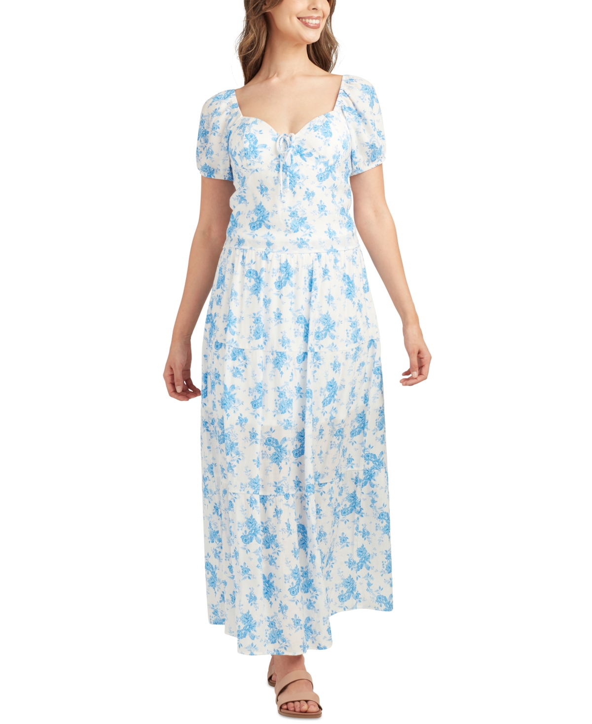 BCX JUNIORS' FLORAL-PRINT SWEETHEART-NECK SHORT-SLEEVE TOP 