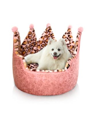 Dream Black Label Leopard Print Crown Dog Bed - Washable Round Cat Bed, Elegant Royal Design Indoor Cuddler Pet Beds for Puppy and Kitten