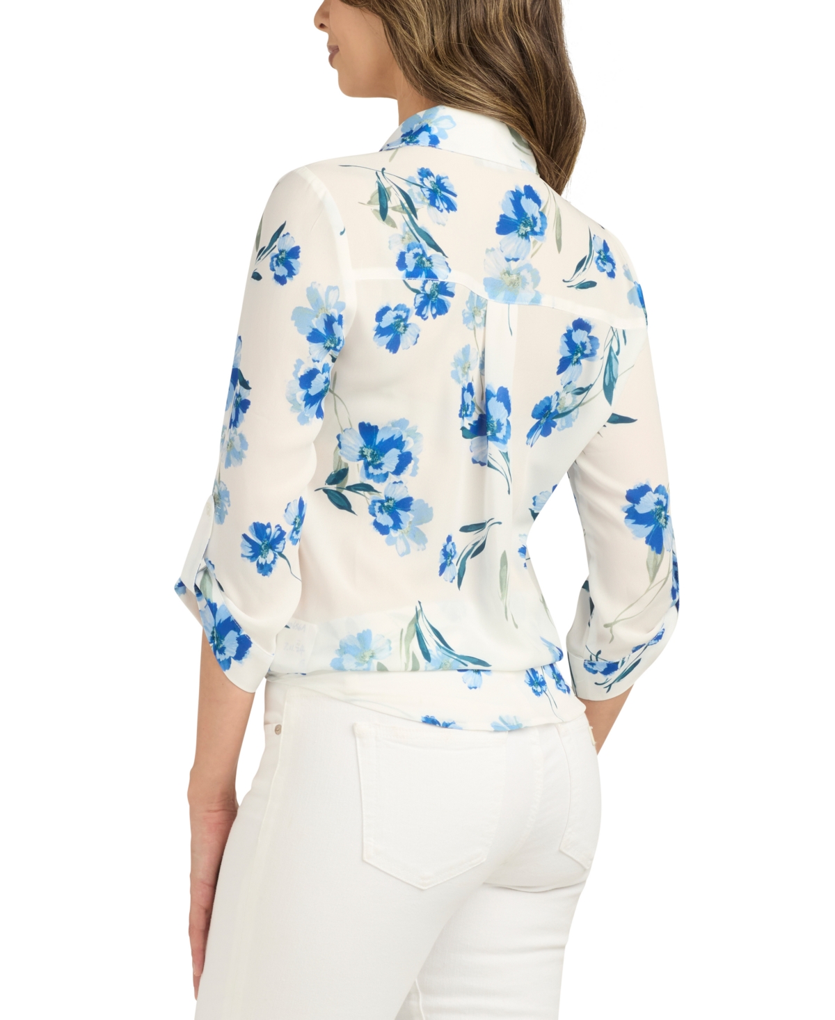 Bcx Juniors' Floral-print Long-sleeve Collared Shirt In White,blue Floral