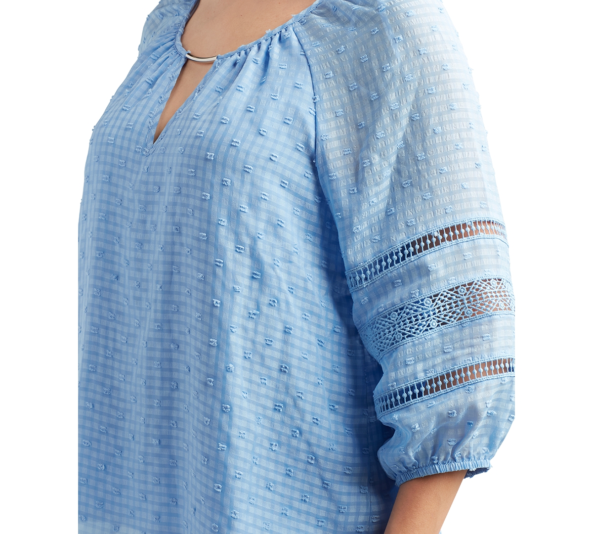 BCX JUNIORS' SWISS-DOT 3/4-SLEEVE CROCHETED-TRIM TOP 