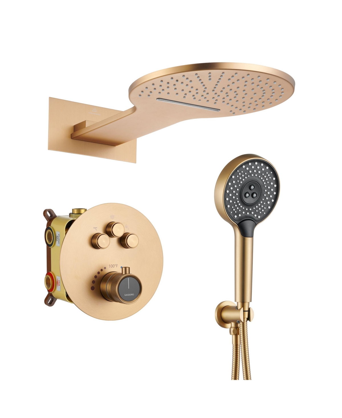3-Function Thermostatic Shower System with Handheld Shower Head Luxury Shower Faucet Waterfall and Rainfall Shower Head, Brushed Gold - Brushed gold