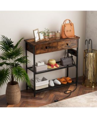 Narrow Console Table with 2 Drawers and 2 Metal Mesh Shelves