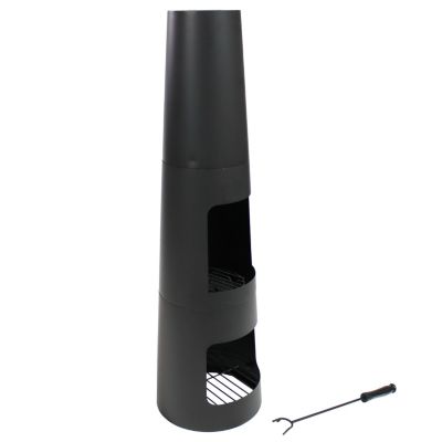 Outdoor Backyard Heavy-Duty Steel Modern Wood-Burning Fire Pit Chiminea with Built-In Log Storage - 49" - Black