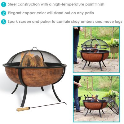 Outdoor Portable Camping or Backyard Large Round Fire Pit Bowl with Spark Screen, Wood Grate, and Log Poker - 32" - Copper Finish