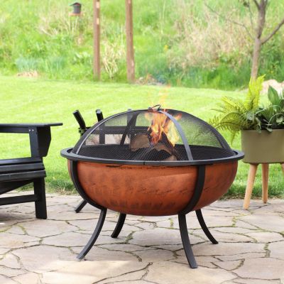 Outdoor Portable Camping or Backyard Large Round Fire Pit Bowl with Spark Screen, Wood Grate, and Log Poker - 32" - Copper Finish