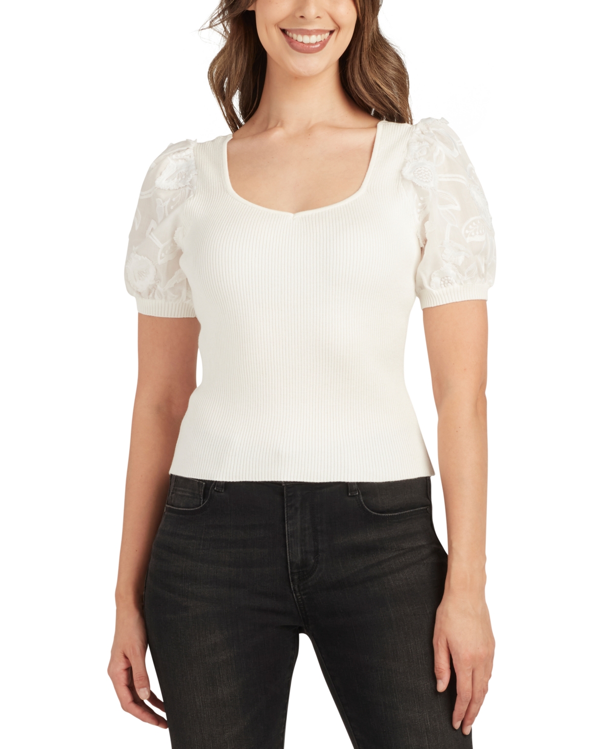BCX JUNIORS' RIBBED EMBROIDERED-SLEEVE SWEATER 