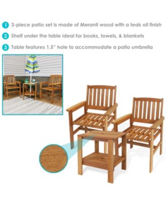 Outdoor Meranti Wood with Teak Oil Finish Patio Table and Chairs Conversation Set - Brown - 3pc