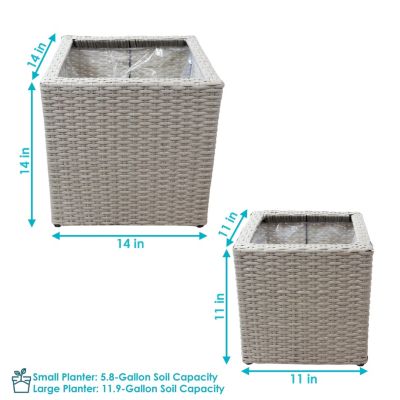 Square Indoor Polyrattan Planters with Attached Clear Polypropylene Liner 14" Square x 11" H and 14" Square x 11" H - Gray 2-Piece