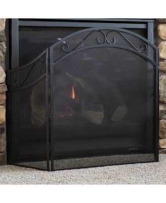 Folding 3-Panel Steel Fireplace Screen with Elegant Scroll Design - Black