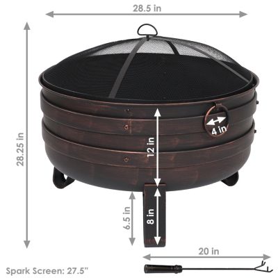 Heavy-Duty Steel Cauldron Fire Pit with Spark Screen and PVC Protective Cover - 28.5-Inch Round - Brushed Bronze