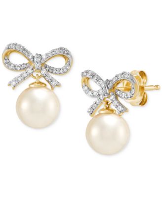 Cultured Freshwater Pearl (6-6-1/2mm) & Diamond (1/6 ct. t.w.) Bow Earrings in 14k Yellow Gold
