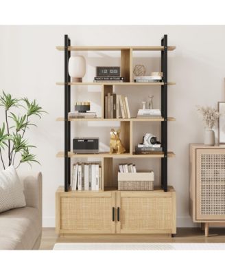 5 Tier Rattan Bookshelf with Storage Cabinet & Door