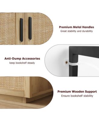 5 Tier Rattan Bookshelf with Storage Cabinet & Door