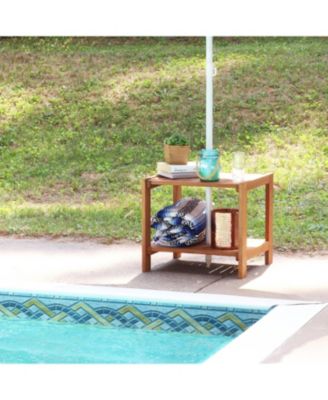 Outdoor Meranti Wood with Teak Oil Finish Wooden Patio Accent Side Table with Lower Shelf - 20" - Brown