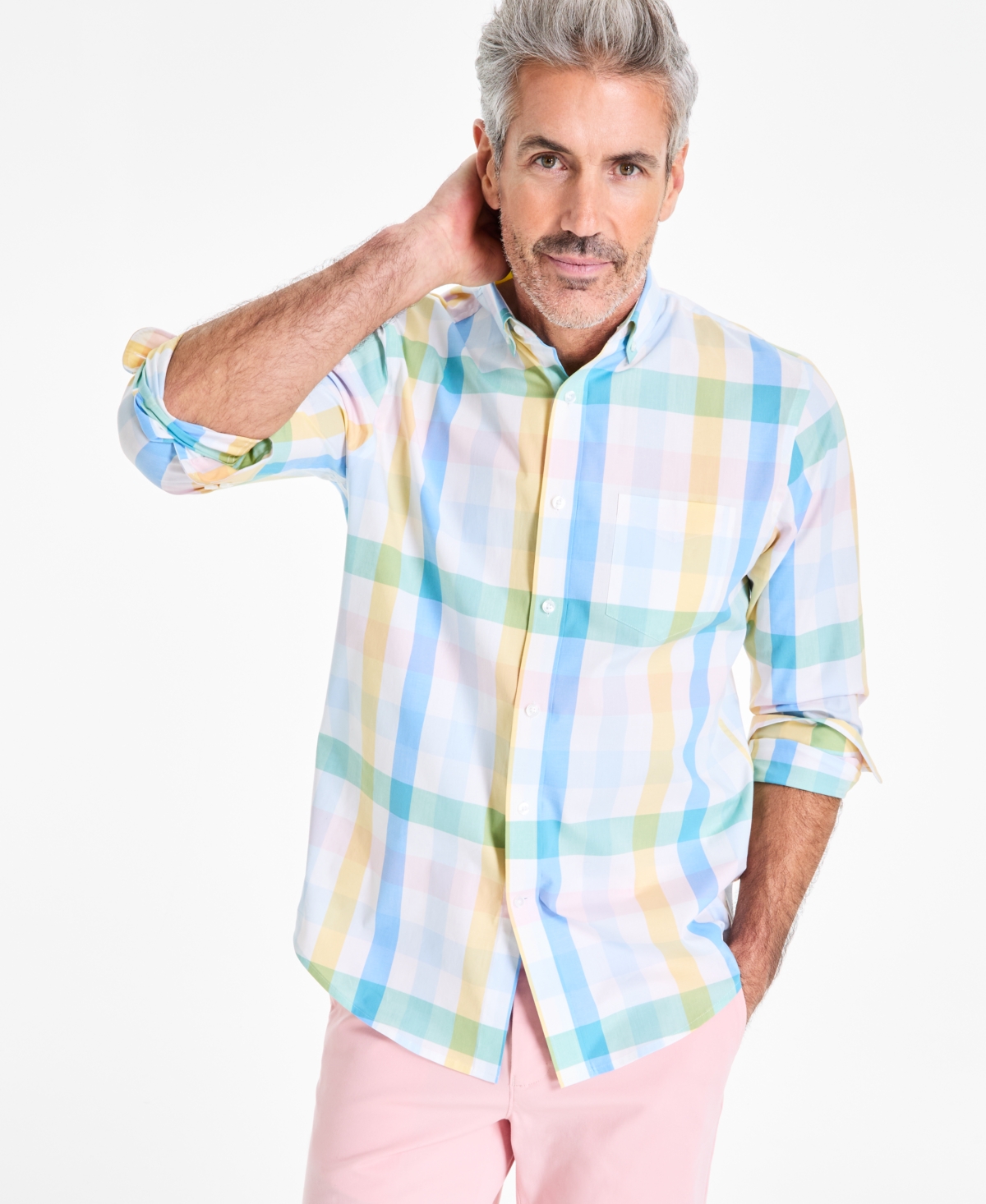 Men's Brook Regular-Fit Stretch Plaid Button-Down Poplin Shirt, Exclusively at Macy's - Navy Blue