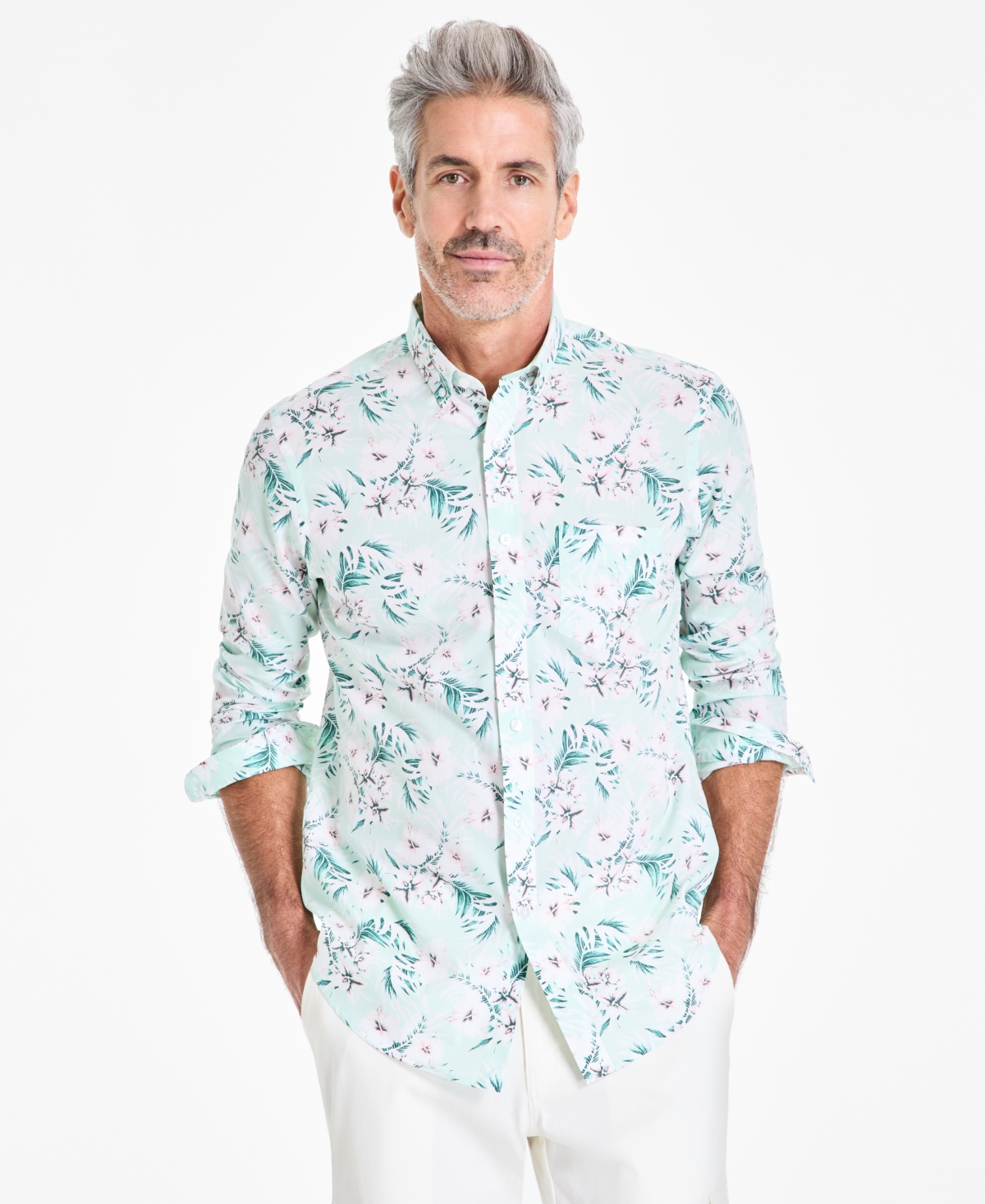 Men's Regular-Fit Stretch Floral Button-Down Poplin Shirt, Exclusively at Macy's - Aqua Whisp
