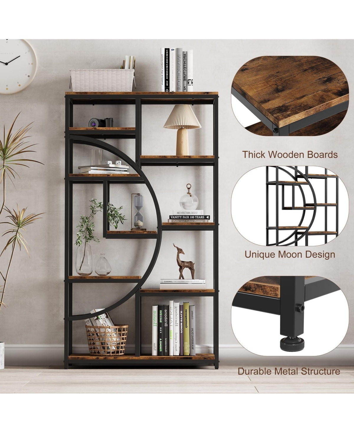 gaomon Retro Open Bookshelf, Tall Storage Rack with 9 Tiers