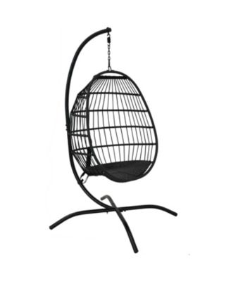 Dalia Resin Wicker Hanging Egg Chair with - Teal Polyester Cushions and Powder-Coated Steel Stand - 81 Inches H