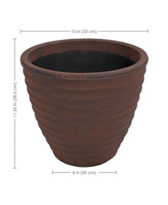 Indoor/Outdoor Round Ribbed Polyresin Planter Pot with Double Wall Design - Rust - 13"
