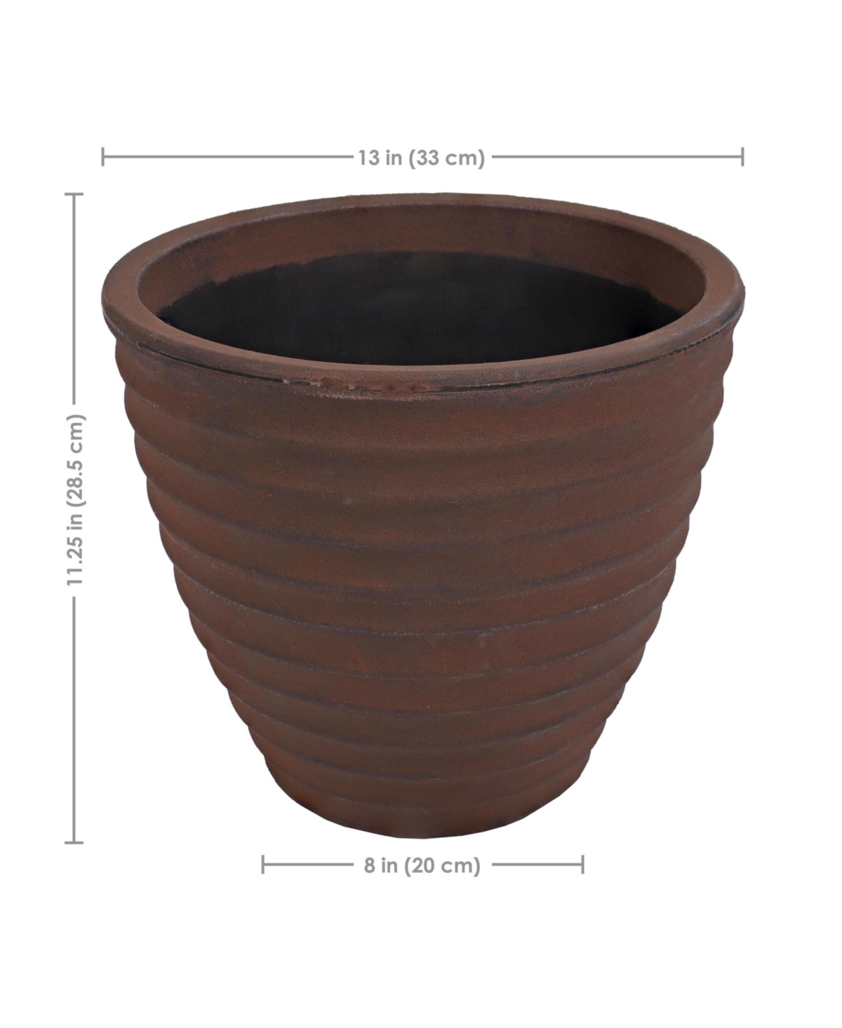 Indoor/Outdoor Round Ribbed Polyresin Planter Pot with Double Wall Design - Rust