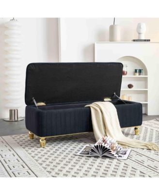 47.24" W Velvet Storage Ottoman Bench with Gold Embroidery, Modern Footstool for Living Room & Bedroom
