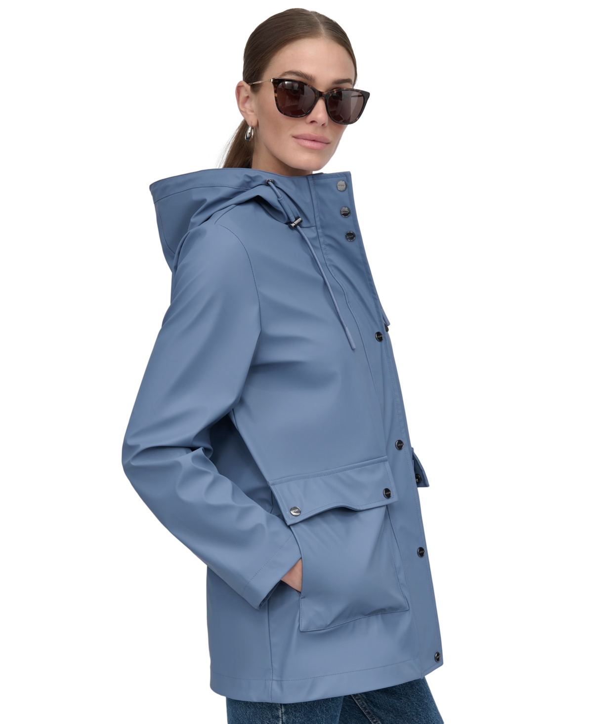DKNY PETITE HOODED ZIP-FRONT WATER-RESISTANT RAINCOAT 