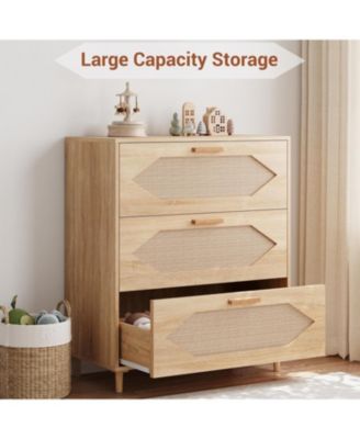 3-Drawer Wood & Rattan Dresser with Spacious Storage, Modern Design, Bedroom Closet Chest/Nightstand