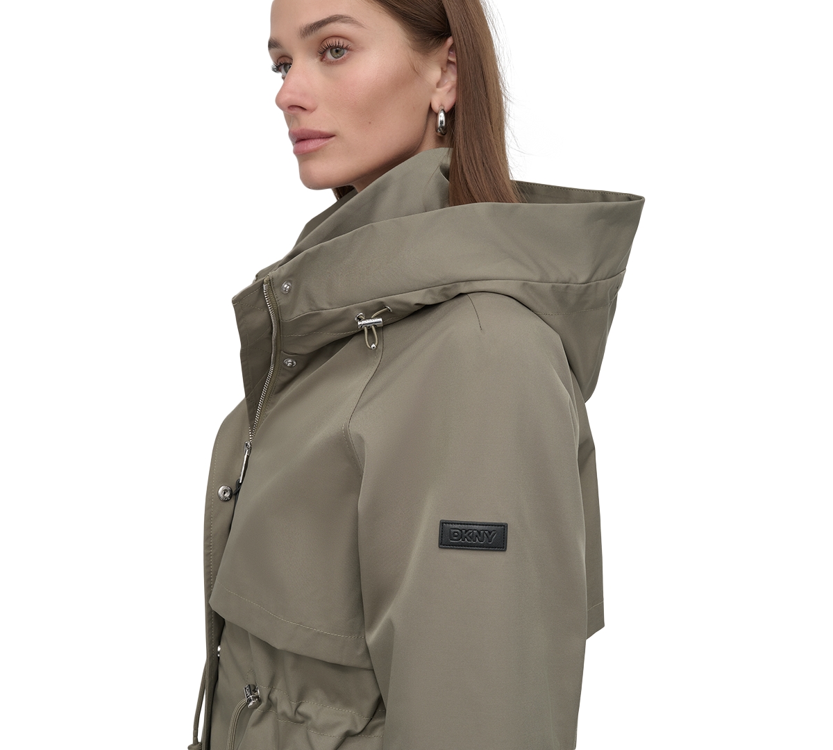 Shop Dkny Women's Hooded Zip-front Long Anorak Coat In Thyme