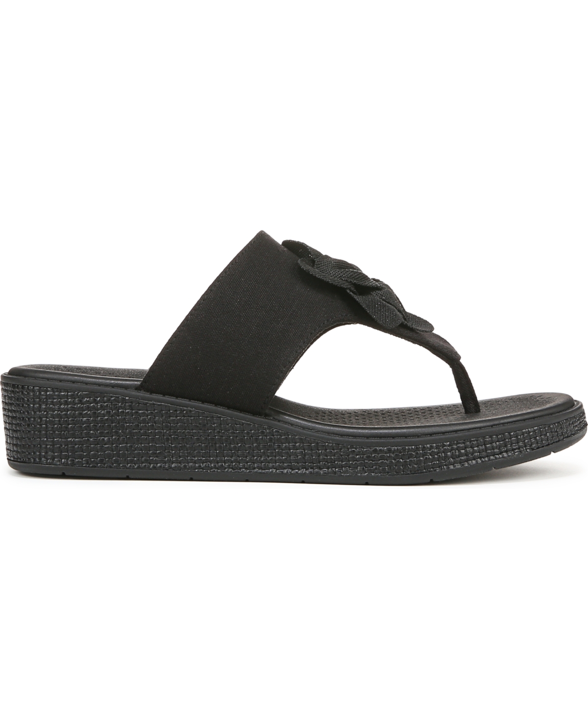 Bzees Women's Bloom Washable Thong Slip On Wedge Sandals In Black Stretch Linen Fabric