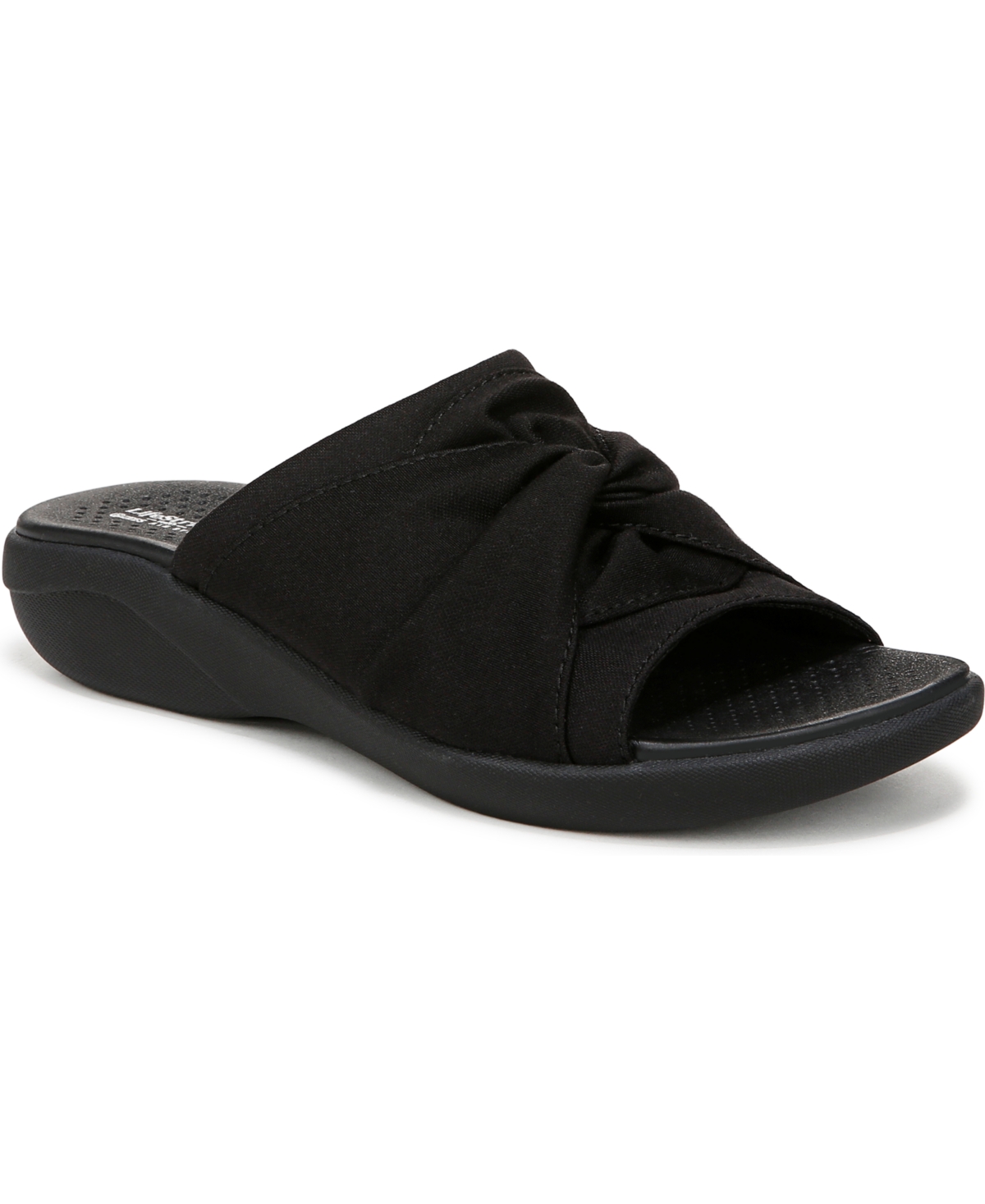 Bzees Women's Cherish Washable Peep Toe Slide Sandals In Black Stretch Fabric