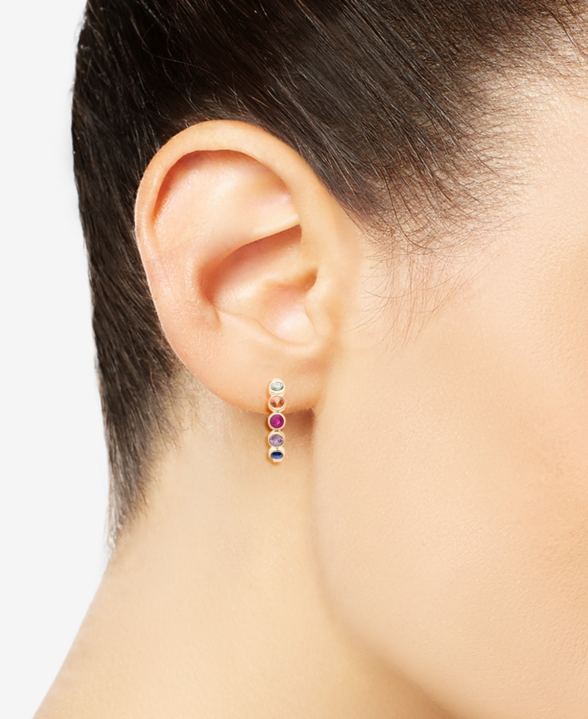 Macy's Lab Grown Ruby (1/3ct. T.w.) & Lab Grown Multi-sapphire (1-1/10 Ct. T.w.) Small Huggie Hoop Earrings In Multi
