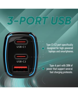 Car Charger PD45W, 2 USB-C + 1 USB-A Fast Charging Adapter, Compact 12V/24V Vehicle Charger