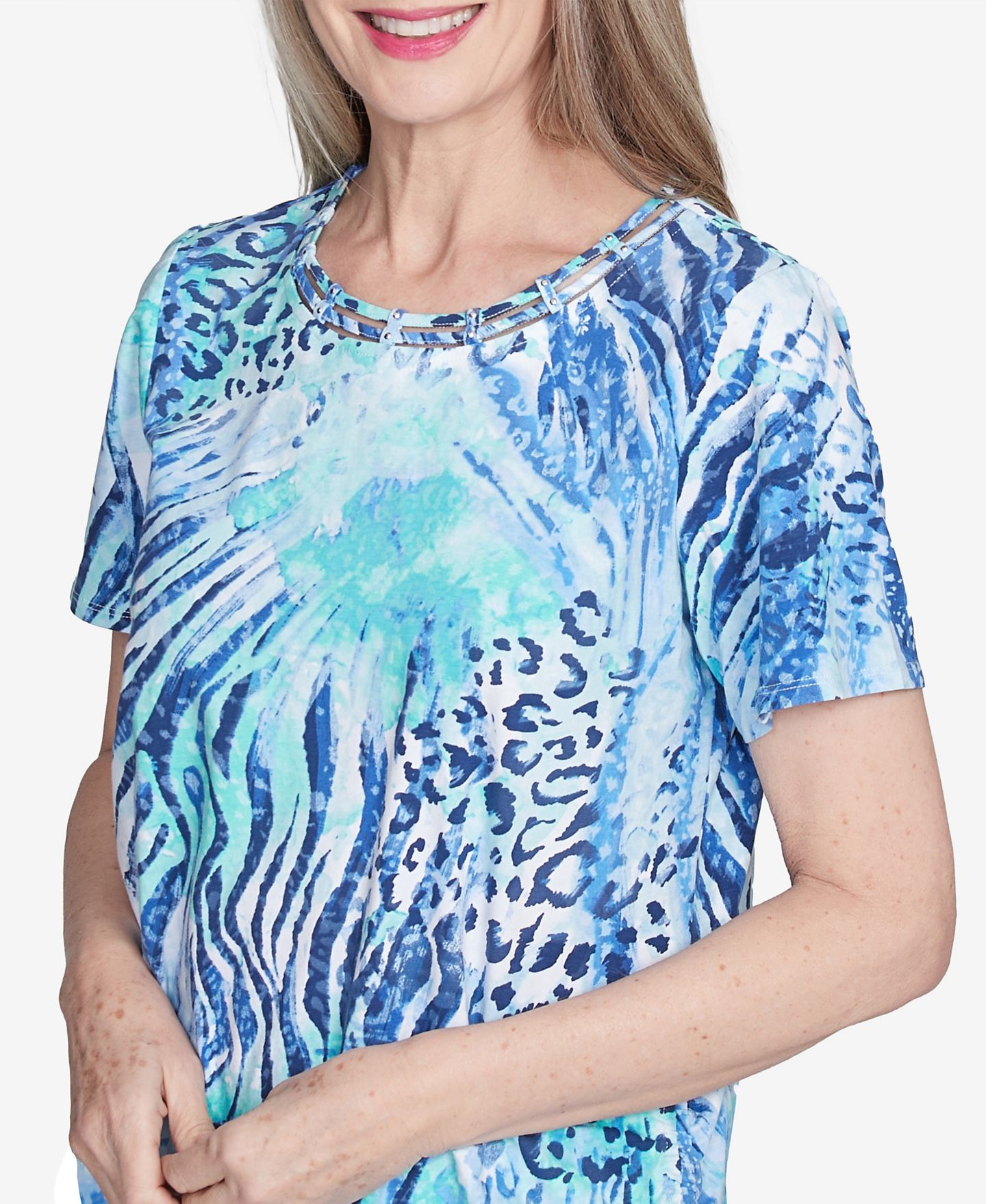 Женский топ Alfred Dunner Animal Printed with Ruched Sides, цвет: Синий — фото 5