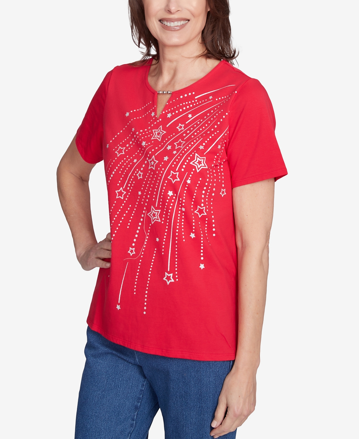 Alfred Dunner Petite Dazzling Shooting Stars With Beaded Split Neck Top In Red