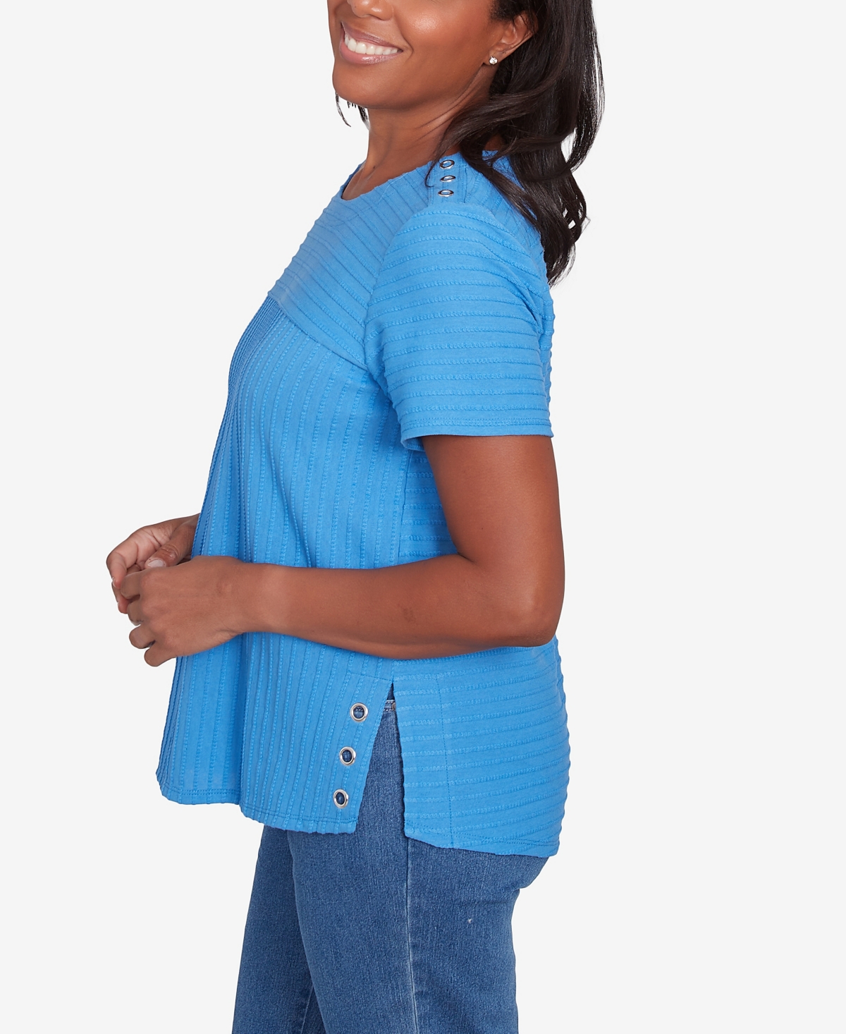 Alfred Dunner Petite Classics Solid Textured Short Sleeve T-shirt In Azure