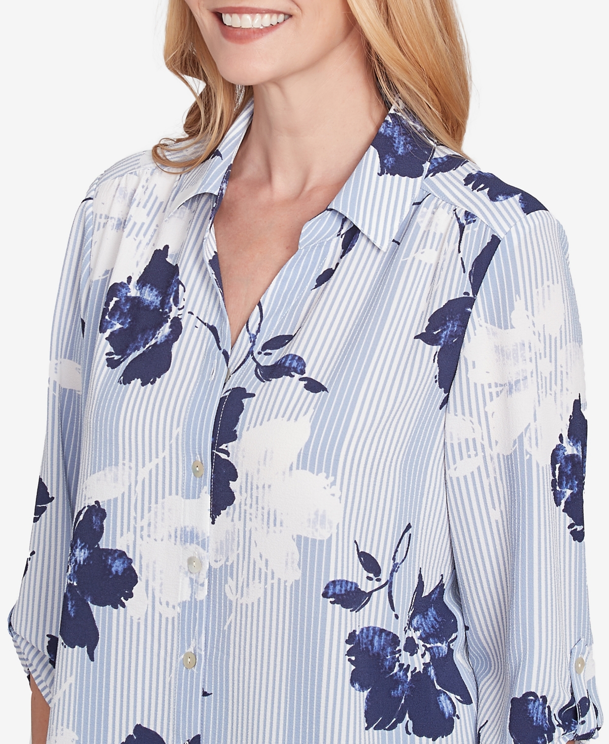 Alfred Dunner Petite Classics Striped Flower Button Front Tie Sleeve Blouse In Navy
