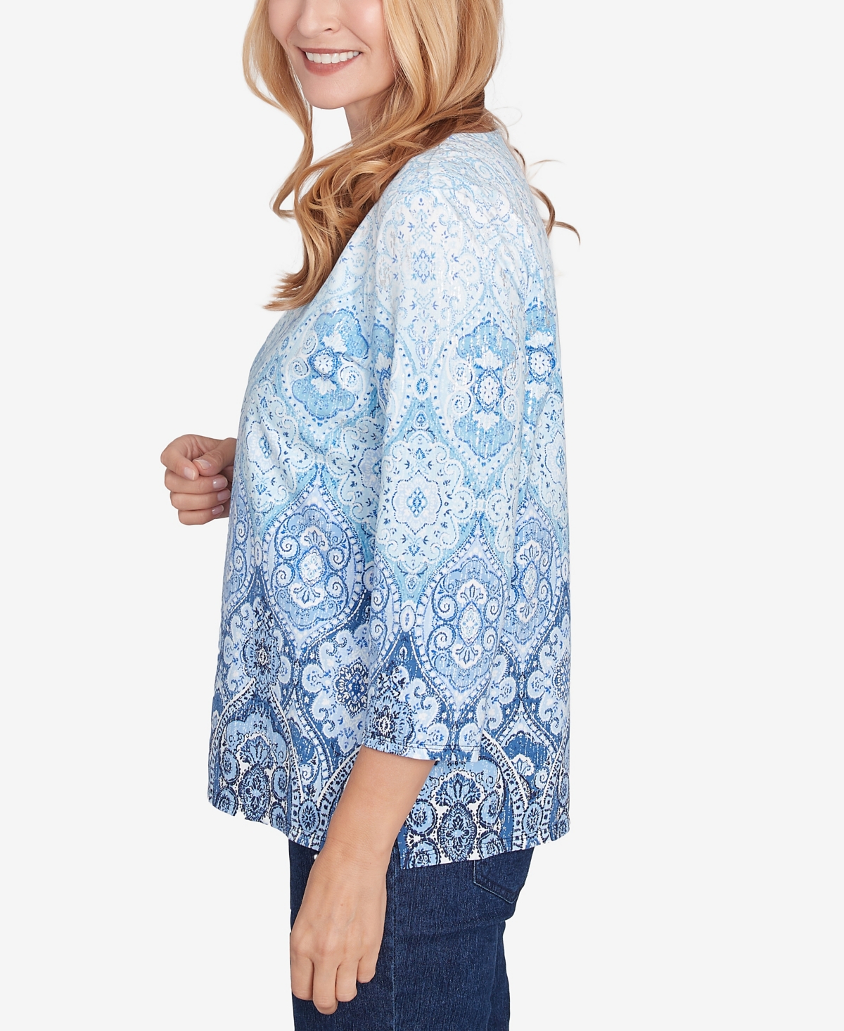Alfred Dunner Plus Size Classic Split Beaded Neck Ombre Medallion Top In Navy