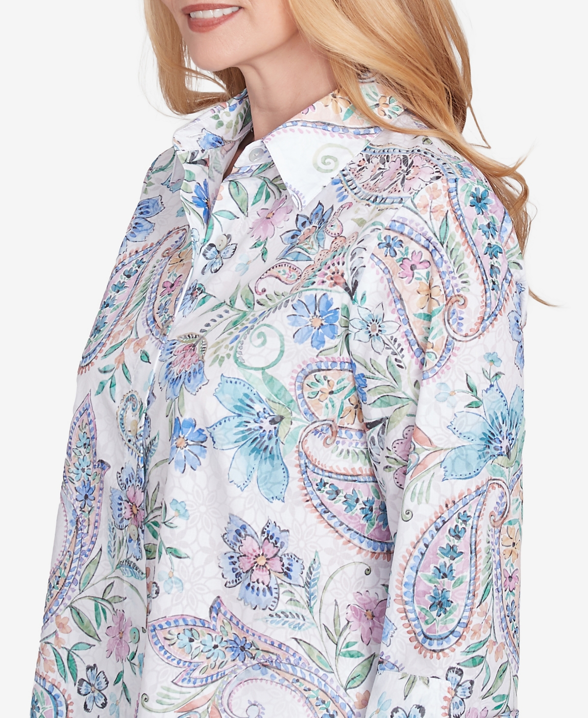 Alfred Dunner Petite Classics Paisley Button Down Cuffed Sleeve Top In Navy Multi