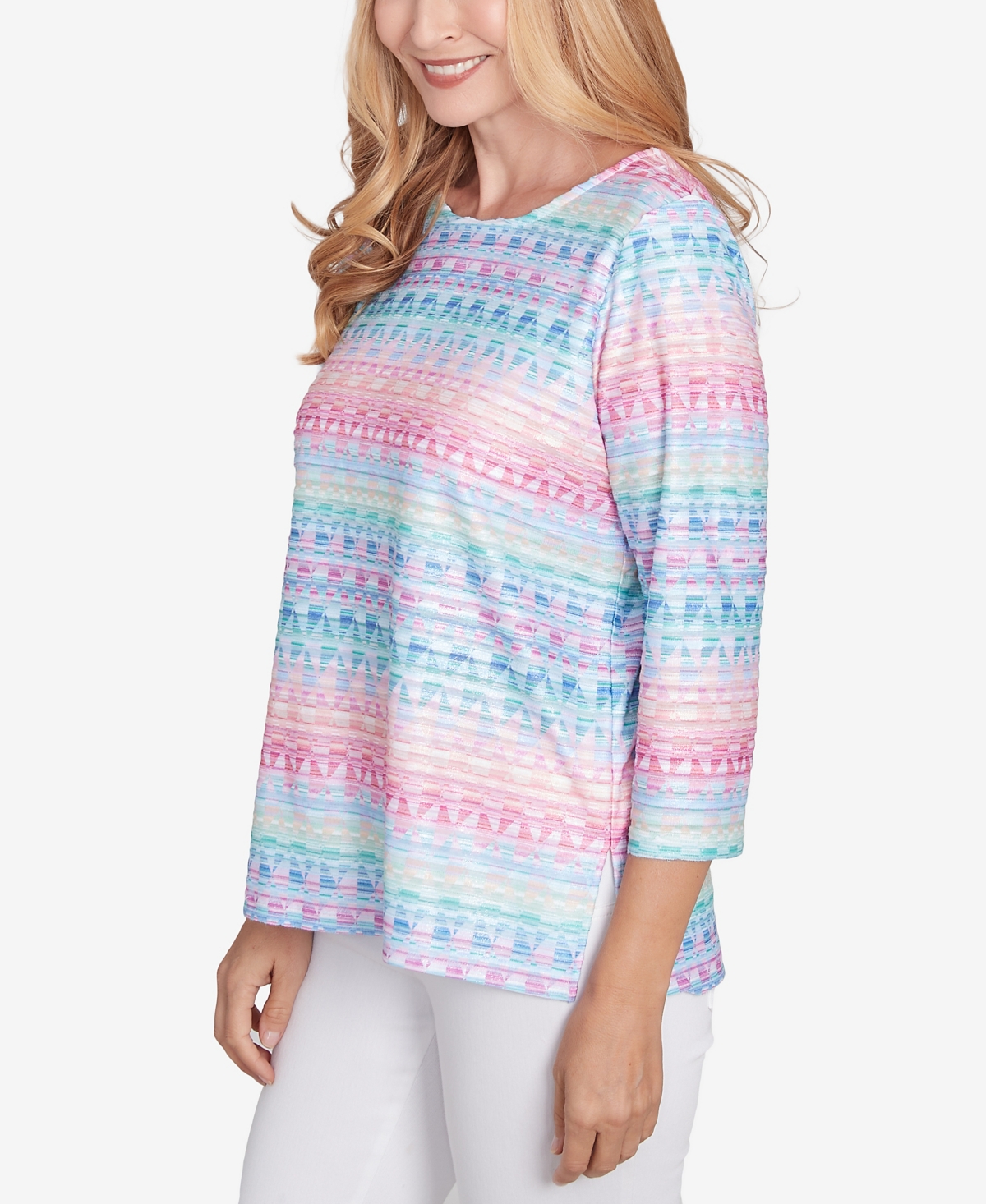Alfred Dunner Petite Classics Geometric Crewneck Biadere Top In Multi Pink