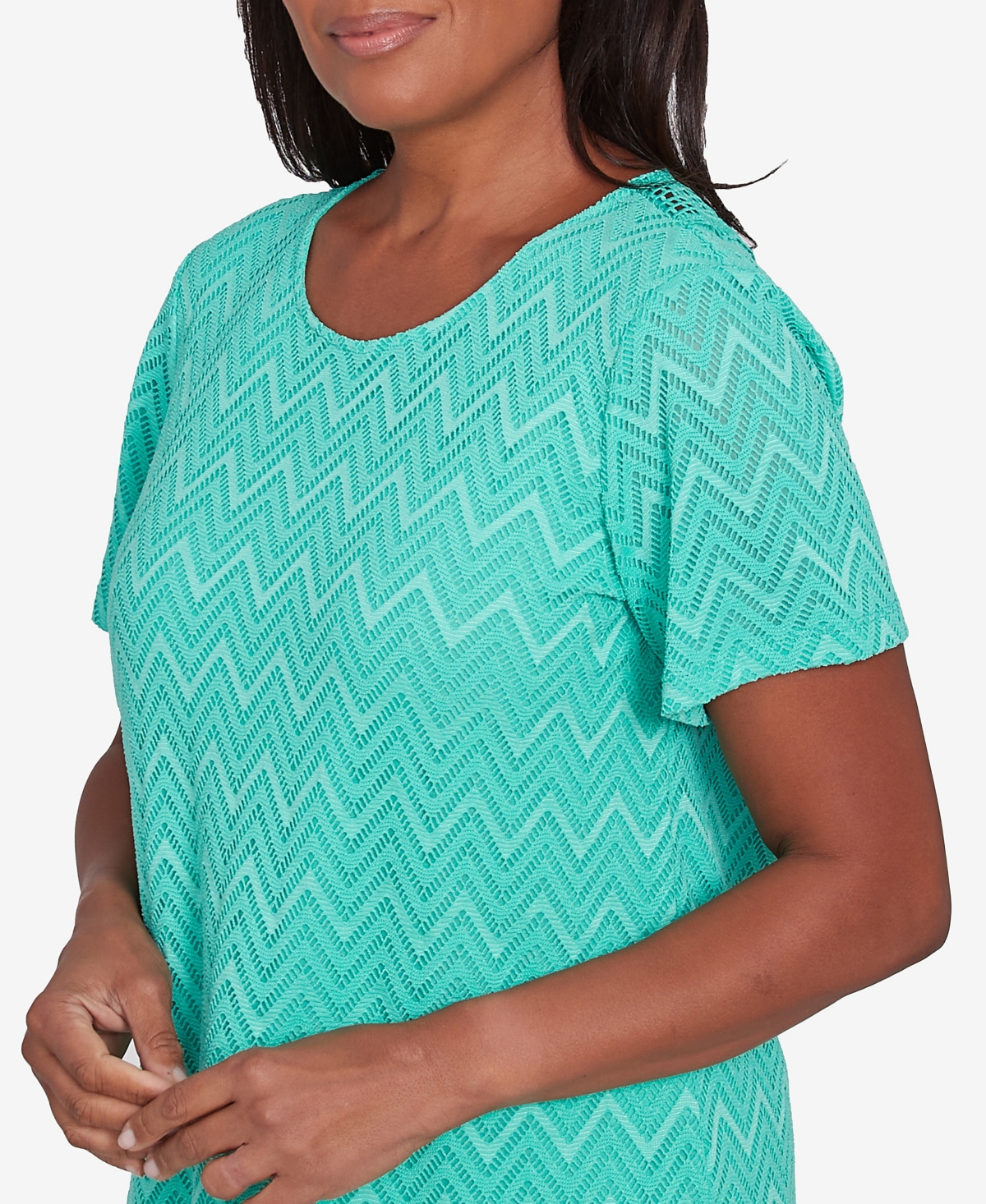Alfred Dunner Petite Classics Textured Chevron Lace Back T-shirt In Jade