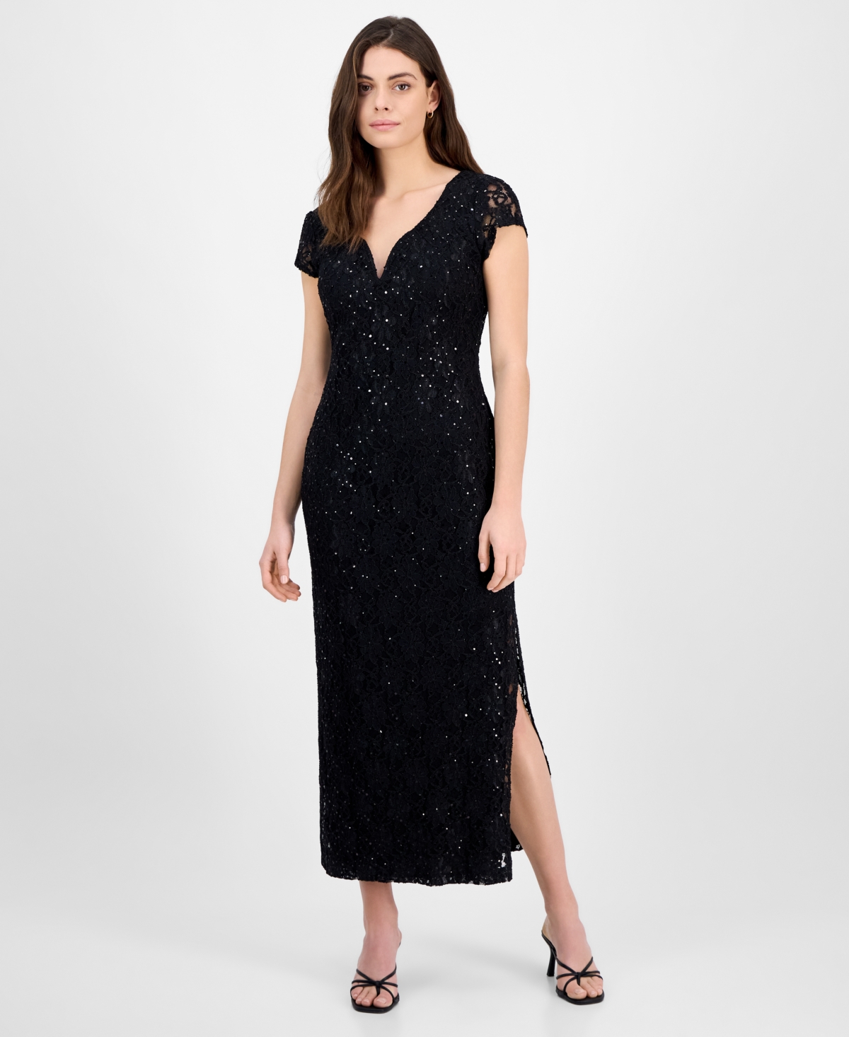 Petite Sequined Lace Column Gown - Black