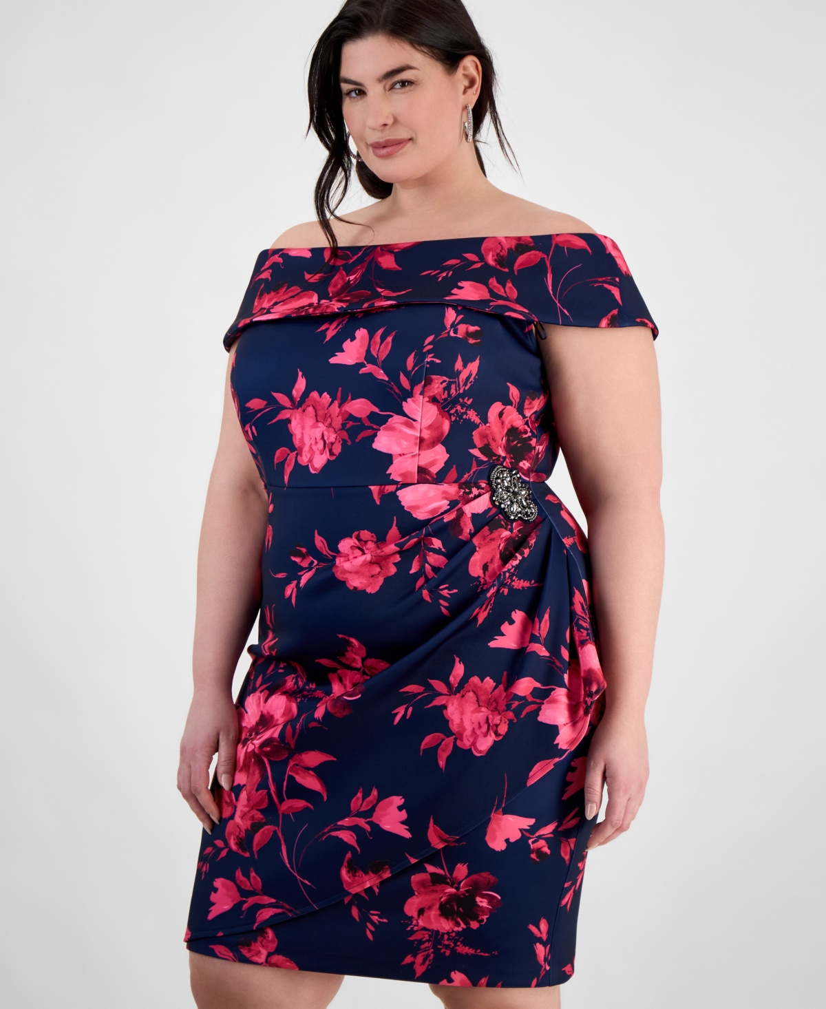 Alex Evenings Plus Size Floral Print Off-the-shoulder Sheath Dress In Navy,fuschia