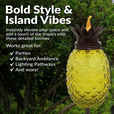 Outdoor Adjustable Height 3-in-1 Glass Pineapple Torch Set with Snuffers and Metal Poles, 2-Pack