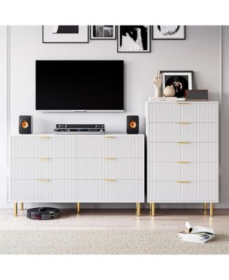 6 Drawer Dresser for Bedroom, 56” Wide Wood Dresser Organizer with Metal Legs, Modern Chest of Drawers for Bedroom, Hallway, Home Office