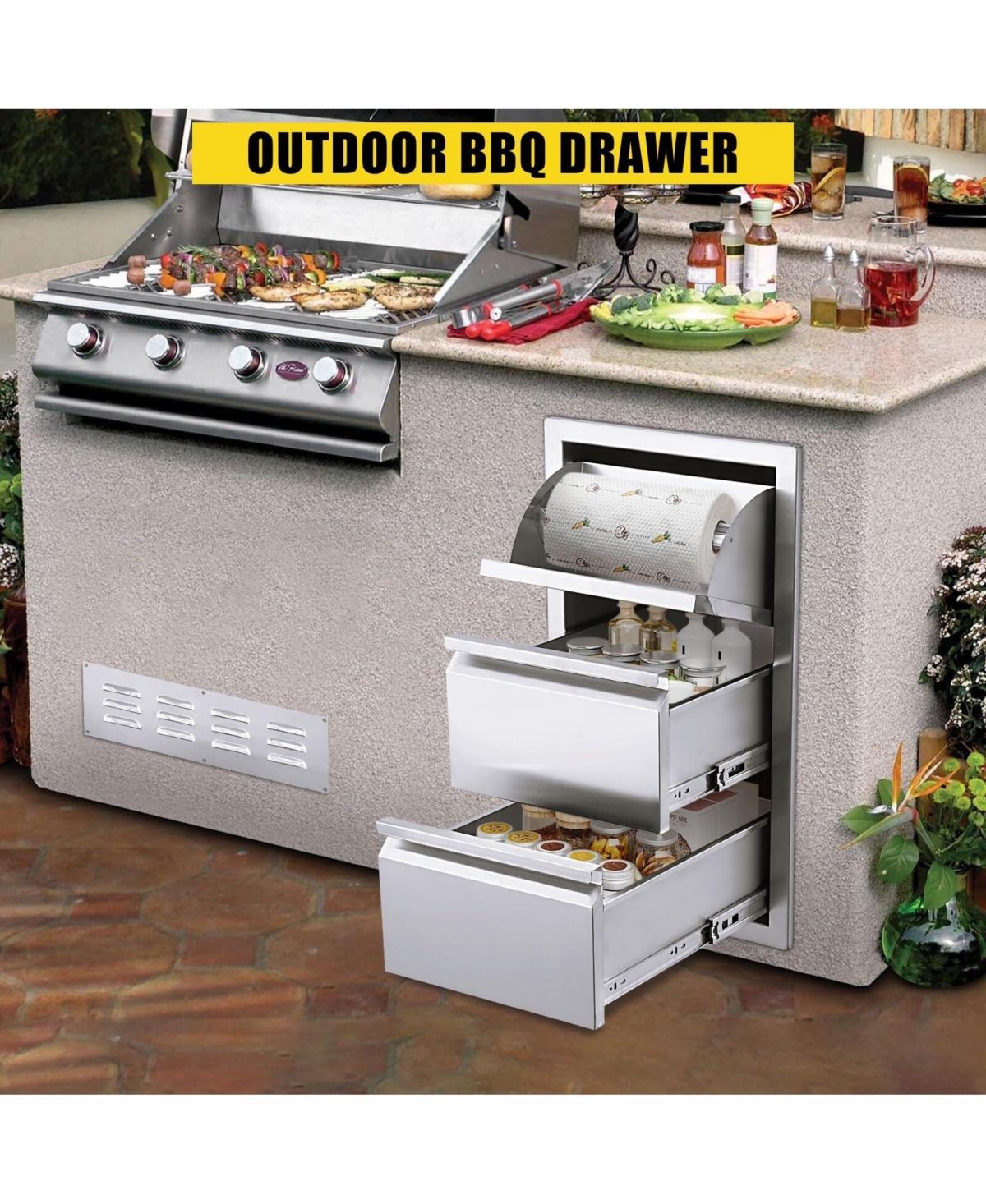 gaomon Outdoor Kitchen Drawers, Stainless Steel Flush Mount Triple Bbq Storage Drawers, 15.7W x 17.7D x 21.6H Inches Built-In Access Drawers with Vent